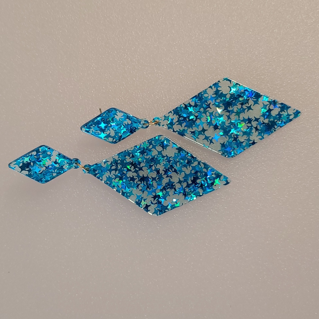 Blue Iridescent Star Confetti Dangle Pierced Earrings Acrylic Resin3-D